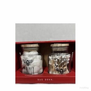 NEW Rae Dunn Happy Queen Bath Set Cotton Ball & Swabs Glass Lidded Jar Set